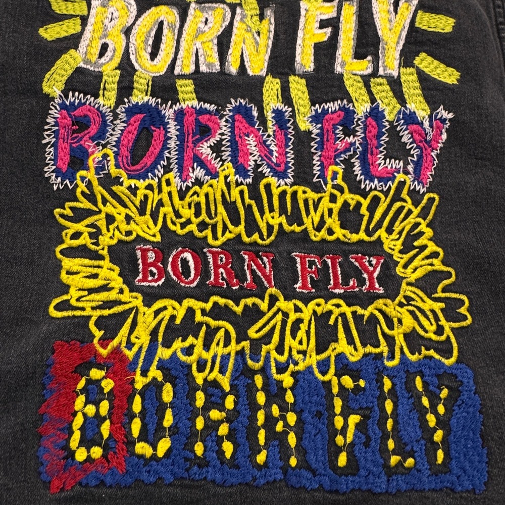 Born Fly Mens 3X Large Black Denim Jacket Embroidered‎ Born Fly Graphic